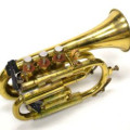 Pocket trumpet antique, brass, cork on bottom of horn for holding